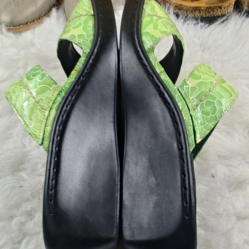 Mephisto Mobils Green Leather Flower Print 2-Strap Slide Sandals EU 39  US 8-8.5 - Picture 9 of 11